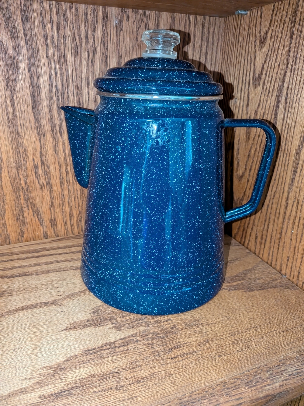 Blue Speckled Enamelware Coffee Percolator with Glass Knob Lid